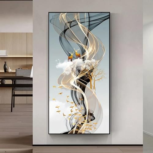 Impression murale luxueuse arbre cerf doré 70x140cm avec cadre en bois intégré