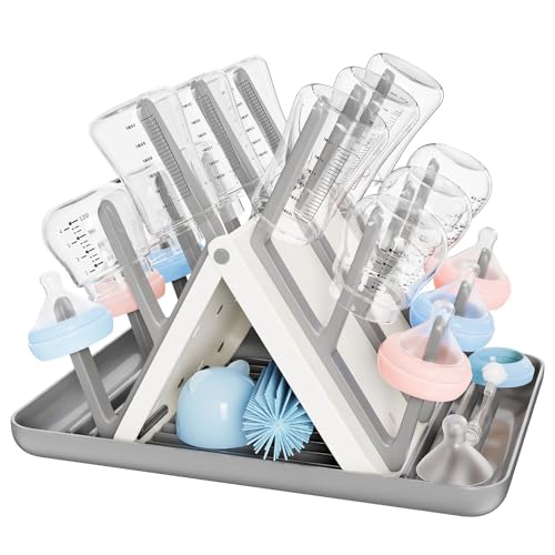 Image of Large Baby Bottle Drying Rack, Space Saving 18 Hooks Slope Travel Bottle Dryer with Removable Drip Tray, Countertop Holder Organizer for Bottles & Baby Brushes Pacifiers and Pump Part-BPA Free