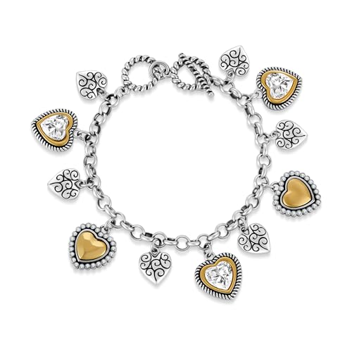 Antique Gold Heart Bracelets for Women With Eleven Textured Puffy Heart Charms Bracelets Boho Bracelet Trendy Gold And Silver Bracelet link Chain Bracelet Fashion Two Tone Jewelry Gift