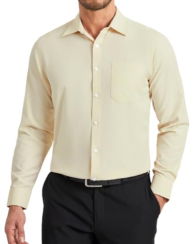 HISDERN Camisas Beige Hombre Manga Larga Formal Camisa Hombre de Vestir Boda de Algodón Regular Fit con Bolsillo Elegante Casual Champán M
