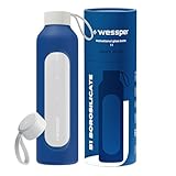 Wessper Botella de Agua Cristal, Botella 1 Litro Motivadora con Escala de Hidratación, Botellas de Vidrio Borosilicato con Funda de Silicona, Material Seguro sin BPA - Azul
