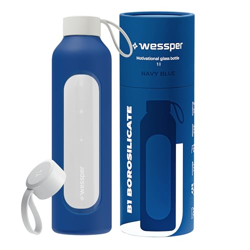 WESSPER Trinkflasche Glas 1 Liter, Motivations Wasser Glasflasche mit Hydrationsskala, Borosilikatglas Flasche mit Silikonhülle, BPA Freie Trinkflaschen - Blau