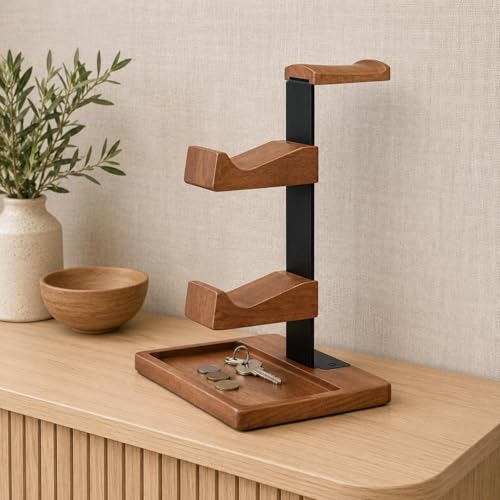 Image of Wood and Metal Headset Stand with Storage Tray Two Shelves Headphone Stand with Tray Curved Hanger Desktop Headphone Holder Sturdy for Gamers, Gaming Setup, as Shown