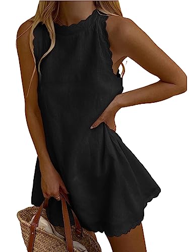 Women Sleeveless Tank Dress Linen Solid Halter Scallop Casual Mini Dress Back Zipper Summer Beach Dress Sundress (A-Black, M)