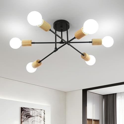Comely Plafonnier Vintage, 6 Lumières Lustre Plafonnier Sputnik Industriel Noir, E27 Lampe de Plafond en Métal et Bois pour Salon Chambre Salle à Manger, Max. 60W