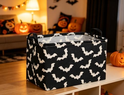 Image of Essme Rectangular Bat Basket,Kids Storage Bins Organizer with Handles for Halloween Room Decor, Gift Basket,Shelf Basket.(Black bat)