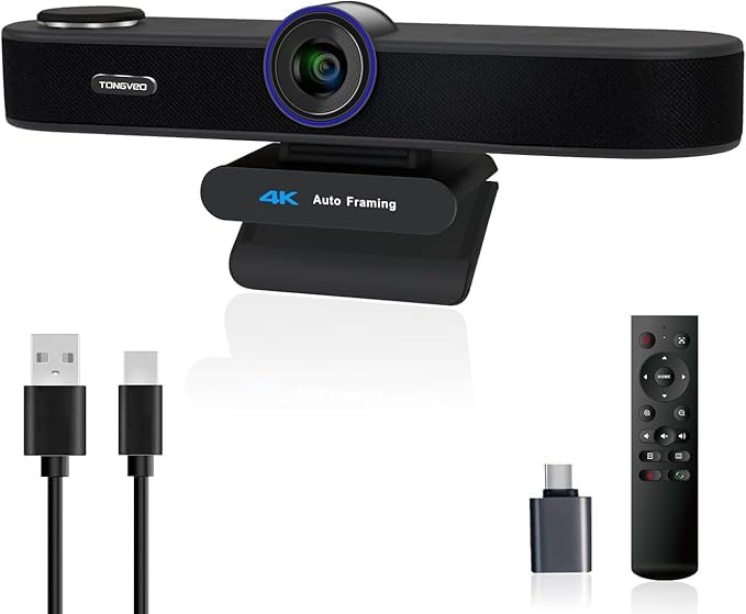 TONGVEO KI-Autotracking 4K Webcam mit Mikrofonen und Lautsprecher, 5-facher Digitalzoom ePTZ Webkamera mit Fernbedienung und Zwei mikrofonen, Konferenz-Webcam für Zoom, Skype, OBS, YouTube