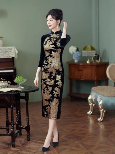 HEARTTOUCH Elegant Women's Velvet Cheongsam Vintage Chinese Qipao Cocktail Party Bodycon Dresses Long Summer Qipao4