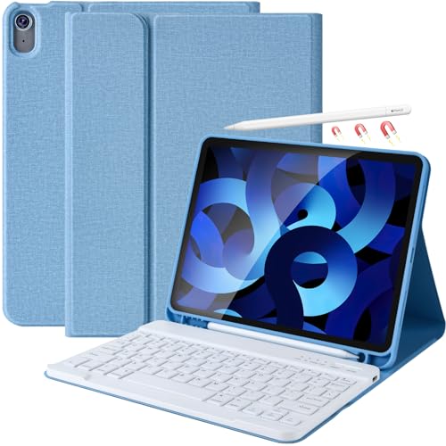 iPad Air 5th Generation Case with Keyboard, 10.9 inch Keyboard Case for iPad Air 5th Gen 2022/iPad Air 4th Gen 2020/iPad Pro 11 2018, Detachable Wireless Keyboard Case with Pencil Holder (Sky Blue）