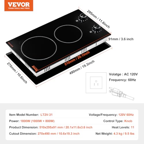 Image of VEVOR Electric Cooktop, 12 inch 2 Burners Built-in Electric Stove Top, 1800W Ceramic Top Radiant Cooktop, with 11 Heat Levels, Glass Panel, Knob Control, for Diverse Cooking Requirements, 120V