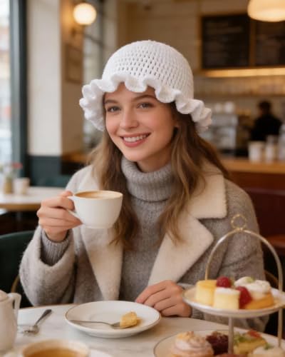 Image of Women Crochet Bucket Hat Cute Winter Ruffled Brim Floppy Cap Handmade Knit Cloche Hats