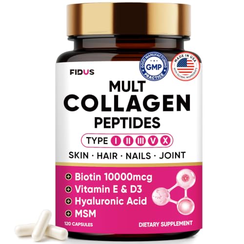 Fidus Multi Collagen Peptides Capsules with Biotin 10000mcg - Types I,II,III,V,X for Hair Skin Nails - Hydrolyzed Collagen Peptides - 120 Capsules (60-Day Supply)