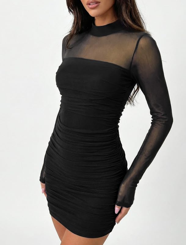 Vestito Donna Elegante Maniche Lunghe Collo Alto Sexy Mini Abito a Rete Trasparente Casual Vestito Corto Autunno Inverno Tubino Aderente con Arricciatura per Festa Discoteca Sera Cocktail