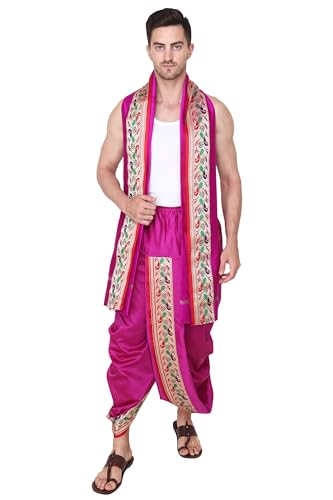 Image of Rameshwaram Fabrics Readymade Dhoti for Men, Velcro Style Stitched Mens Silk Dhoti Pant with Stole Set