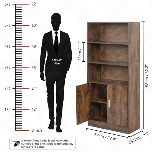 Image of ABOUT SPACE 5 ft Kitchen Cabinet - 5 Tier Wooden Storage Cabinet with 3 Open Shelves & 2 Magnetic Door Crockery Cabinets, Easy to Assemble for Home Living Room (Walnut - L 57 x B 25.5 x H 158 cm)