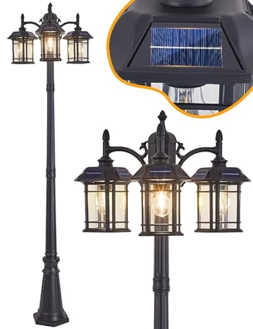 Solar Powered Outdoor Post Light 82.7 H 3-Headed Lamp Post with Dusk to Dawn Sensor Pole Street Lantern 3 Light Black Outdoor Lamp Post Lights E26 Outdoor Street Light for Pole Garden Yard