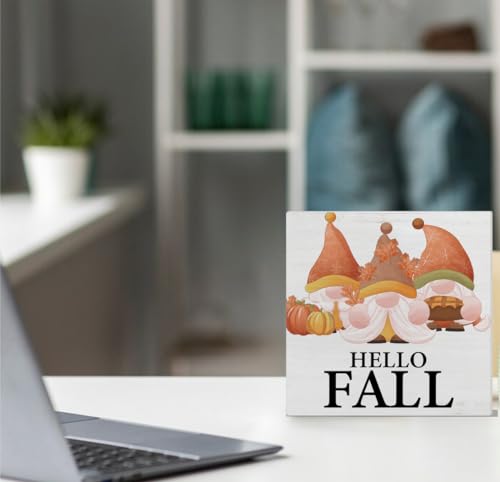 Hello Fall Decor Fall Gnomes Decorations Rustic Fall Wooden Block Sign Home Indoor Decor 5 x 5 Inches - Image 4