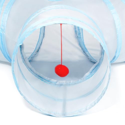 Image of Tempcore Cat Tunnel for Indoor Cats, 3 Way Collapsible Pet Play Tunnel with Teaser Wand, Peek Holes & Hanging Ball, Interactive Tube for Kittens & Rabbits, Light Grey&Blue