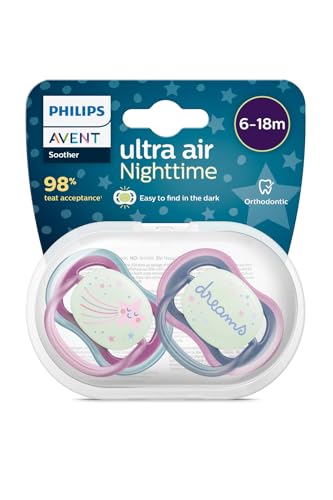 Philips AVENT Soother Ultra AIR NIGHTTIME 6-18M For Girls 2 Pieces | No.1 Brand Recommended by Moms Worldwide | Glows in the dark Light Breathable BPA free Orthodontic with Sterilization Case