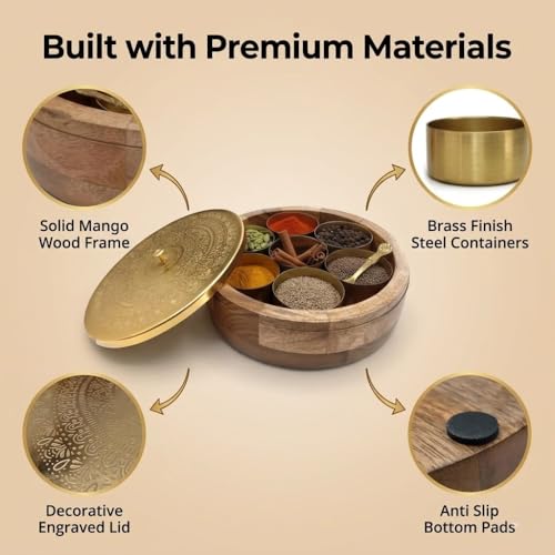Image of Masala Dani Wooden Masala Box for Kitchen with Spoon, Acacia Wood 7 Detachable Containers (120 ML Each) - Masala Box Wooden Traditional Spice Organizer for Kitchen Storage & Spice Box Gift