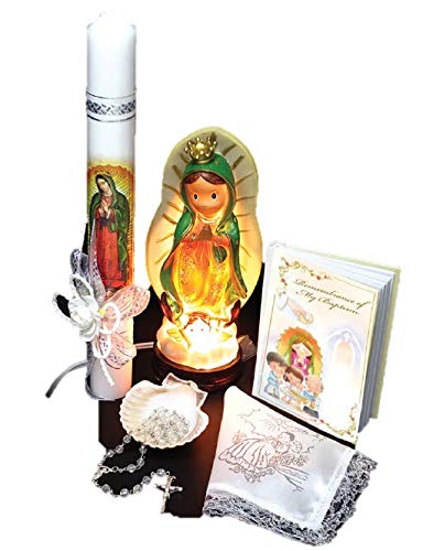 English Handmade Christening/Baptism Set for Girl, Boy, or Unisex:Virgen Virgencita Nightlight Statue Lamp
