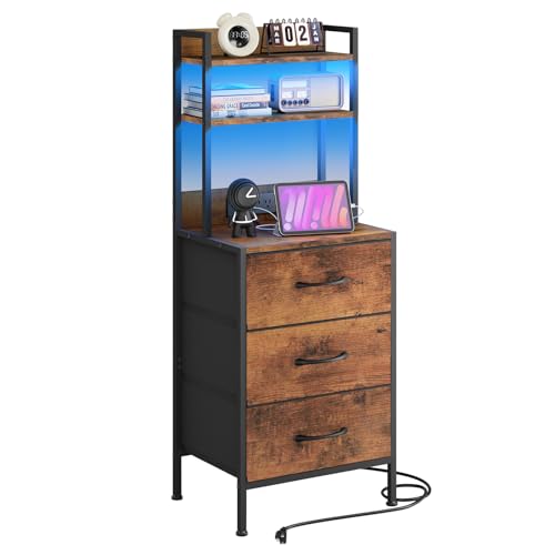Fixwal 41 Inch Tall Nightstand with Charging Station, Led Night Stand with U-S-B Port & Socket, 3 PU...