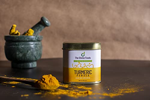 The Divine Foods | Organic Turmeric Powder | Organic | High Curcumin | 4.4 oz (125 gm) | 100% Raw from India | Reusable tin | Non- GMO | From India Farm | 100% Pure