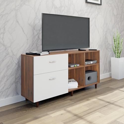 Image of VIKI Modern TV Unit for Living Room | Engineered Wood TV Cabinet with 2 Drawer Storage & 2 Open Shelves, Entertainment Unit, 140W x 74H x 40D cm | DIY | 1 Year Warranty (Walnut & White)