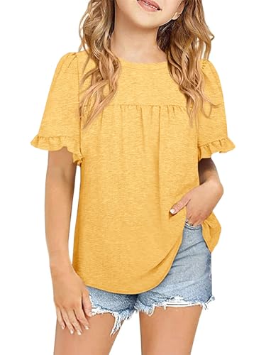 Image of Ebifin Girls Short Sleeve Tops Kids Peplum Babydoll T Shirts Tees 4-15Y | Girls T-Shirts, Crew neck Short Sleeve Shirts, Casual Tunic Tops, Cute Blouses, Summer Tees, Ruffle Hem, Loose fit