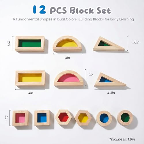 Image of WOODENFUN Wood Building Blocks Set for Kids,Rainbow Stacker Stacking Game Construction Toys Set Preschool Colorful Learning Educational Toys, Geometry Wooden Blocks for Boys Girls