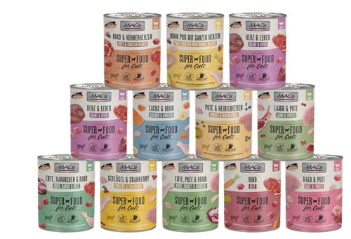 Mac's Cat 12 x 800g Mixpaket | Garantierter 6-Sorten-Mix | Getreidefreies Premium-Nassfutter für Katzen | Ideale Kombination aus hochwertigen Zutaten + Gratis Milky Shake Sachet