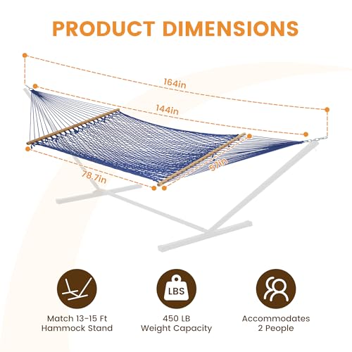 Image of Lazy Daze Hammocks 12FT Double Rope Hammocks, 2 Person Hand Woven Cotton Hammock with Spreader Bar for Outside, Patio, Poolside, FIT 13-15 FT Stand, Max 450 Lbs, Blue, 141 x 57 inches