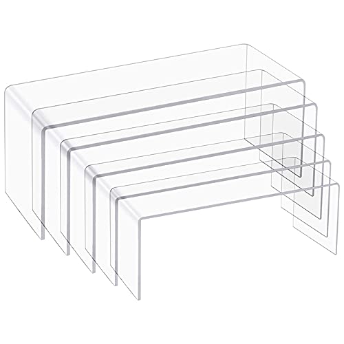 Alliteqwe 5 Pack Clear Acrylic Display Risers, 5 Sizes Acrylic Jewelry Display Riser Shelf Showcase Fixtures for Cake, Display