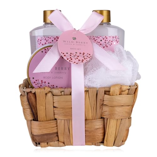 Accentra - Set doccia da donna Wild Berry in cestini in erba marina, set da bagno con gel doccia, bagno in schiuma, lozione per il corpo e spugna a rete, set da 4 pezzi per donne e ragazze