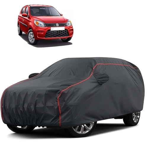 Image of Sulfar 100% Water Resistant Car Body Cover Compatible with Mirror for Maruti Suzuki Alto (Triple Stitched, Full Bottom Elastic, Dark Grey Taffeta with Red Piping)