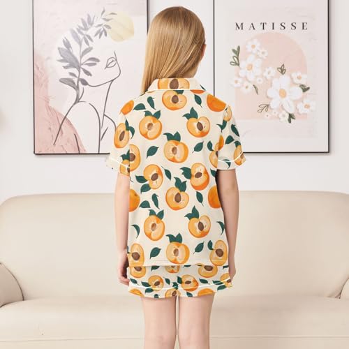 Peach with Leaves Pattern Summer Satin Pajama Set, Cute Button-Down Sleepwear Pj Set for Sleep Wears4