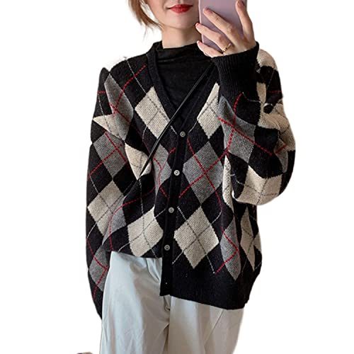 Dark Academia Argyle Plaid Cardigan Indie Preppy Grunge Aesthetic Clothes Cute Teen Girl Sweater Vintage Streetwear