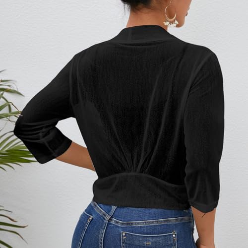 Womens White Black Shrug Sheer 3/4 Sleeve Summer Tie Front Cardigan2