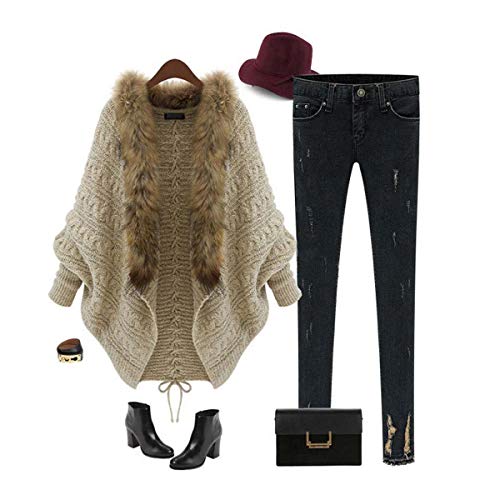 Women Open Front Knit Cardigan with Fur Bat Sleeve Sweaters Loose Outwear Coat Khaki