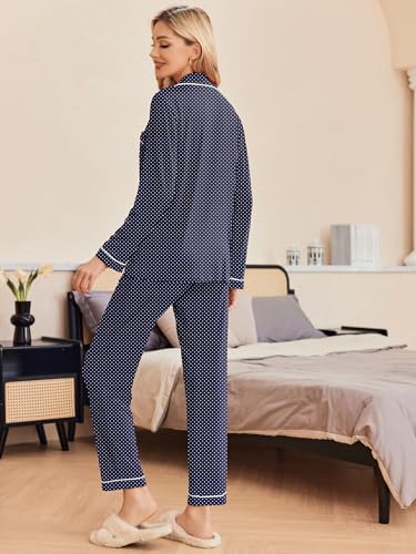 Image of Ekouaer Pajamas Women's Long Sleeve Sleepwear Soft Button Down Loungewear Pjs Lounge Set Nightwear,Navy With White Dots,Small