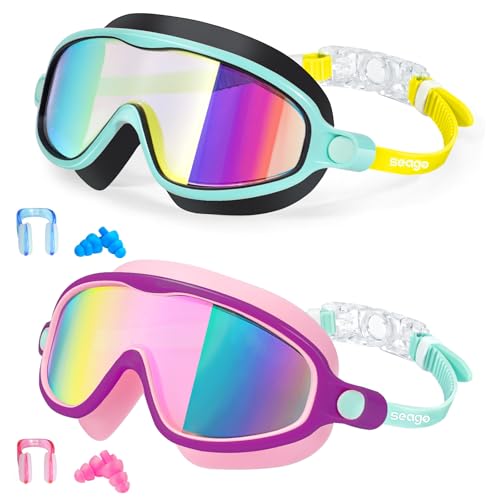 Kids Goggles for Swimming 2 Pack No Leaking Anti-Fog Outer Eye Fit with Wide View UV Protection Crystal Clear Watertight Swim Goggles with nose cover Suitable for Children Youth Boys Girls Age 3 to 14