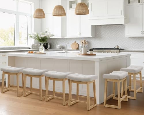 Image of Counter Height Bar Stools Set of 6, 24 Inch Backless Upholstered Counter Stools with Solid Rubberwood Legs, Modern Farmhouse Saddle Stools for Kitchen Island, Home Bar, Beige Linen Fabric