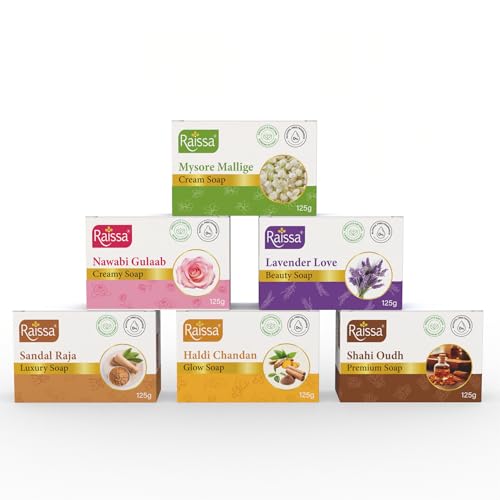 Image of Raissa Luxury Soap Set - 125 g Pack of 6 Bath Soaps (Mysore Mallige, Nawabi Gulaab, Lavendar Love, Sandal Raja, Haldi Chandan, Shahi Oudh) | Natural Aromatherapy Soaps for Gifting & Skincare