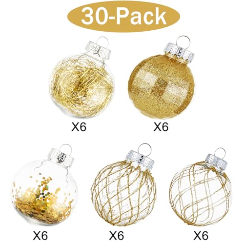 30ct Christmas Ball Ornaments-60mm/2.36" Shatterproof Clear Plastic Xmas Balls Baubles Set with Stuffed Delicate Sparkling, Hanging Christmas Tree Decorations(Gold)