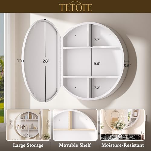 Image of TETOTE Bathroom Mirror Cabinet 28 x 28 White Round Bathroom Medicine Cabinet with Mirror Adjustable Shelves Farmhouse Wall Mirror with Storage Surface Mounted