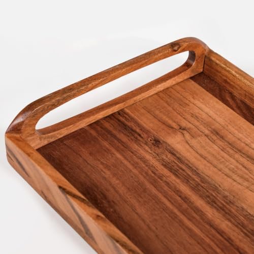 Image of Nestasia Wooden Serving Tray with Handles (36x22cm) - Acacia Wood Rectangular Brown Tray for Dining & Coffee Table | Platter for Serving Tea, Cakes, Snacks, Breakfast & Home Decor (Amber Brown)
