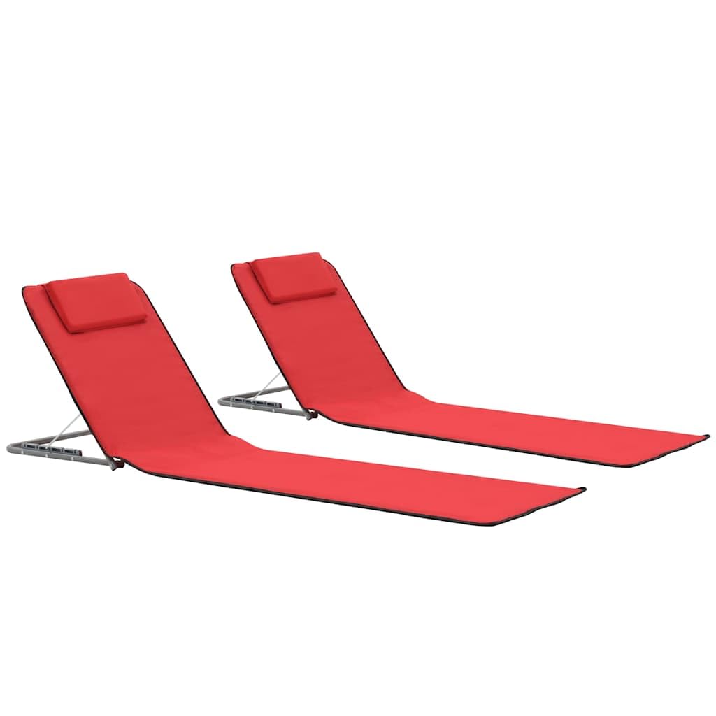 Tomostar Lot de 2 Tapis de Plage, Chaise Longue Pliante Bain de Soleil Inclinable Transat de Plage 2 pcs Acier et Tissu Rouge