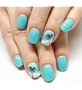 Summer Beach Press on Nails Short Square Fake Nails with Coconut Tree Seagull Design Blue Wave Fa...