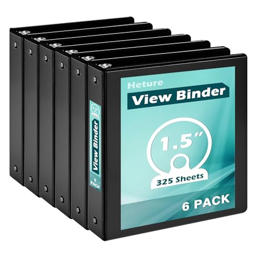 Heture 3 Ring Binder 1.5 Inch 6 Pack 1-1/2 Clear View with Round Rings PVC-Free Holds for 325 Sheets 8.5X 11 US Letter Size Paper Durable Black Perfect for Office School and Home