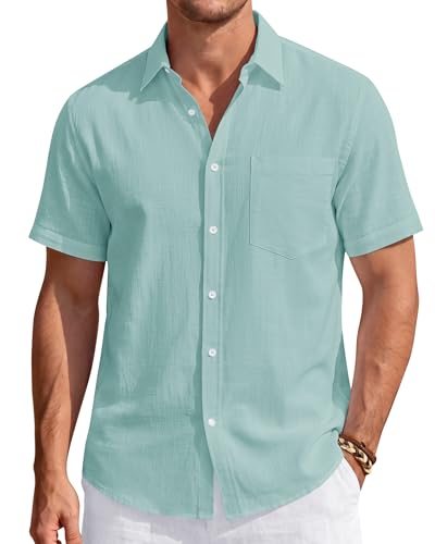 Image of J.VER Mens Linen Shirt Short Sleeve Button Down Casual Summer Shirts | Cotton Linen, Untucked, Big Tall, from Beach Camp Vacation, Cruise Fishing, Work Office, to Wedding Party Family, with Pocket